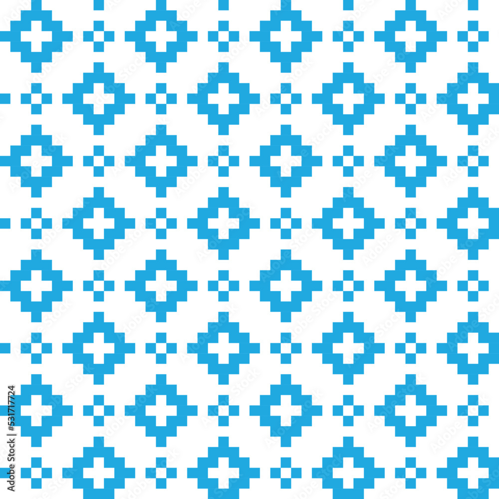 Blue cross-stitch knitting pattern on white background. Blue square dots on white backdrop. Fabric pattern design for sale. Knitting handicraft art. Blue cross-stitch knitting pattern on white background. Blue square dots on white backdrop. Fabric pattern design for sale. Knitting handicraft art.