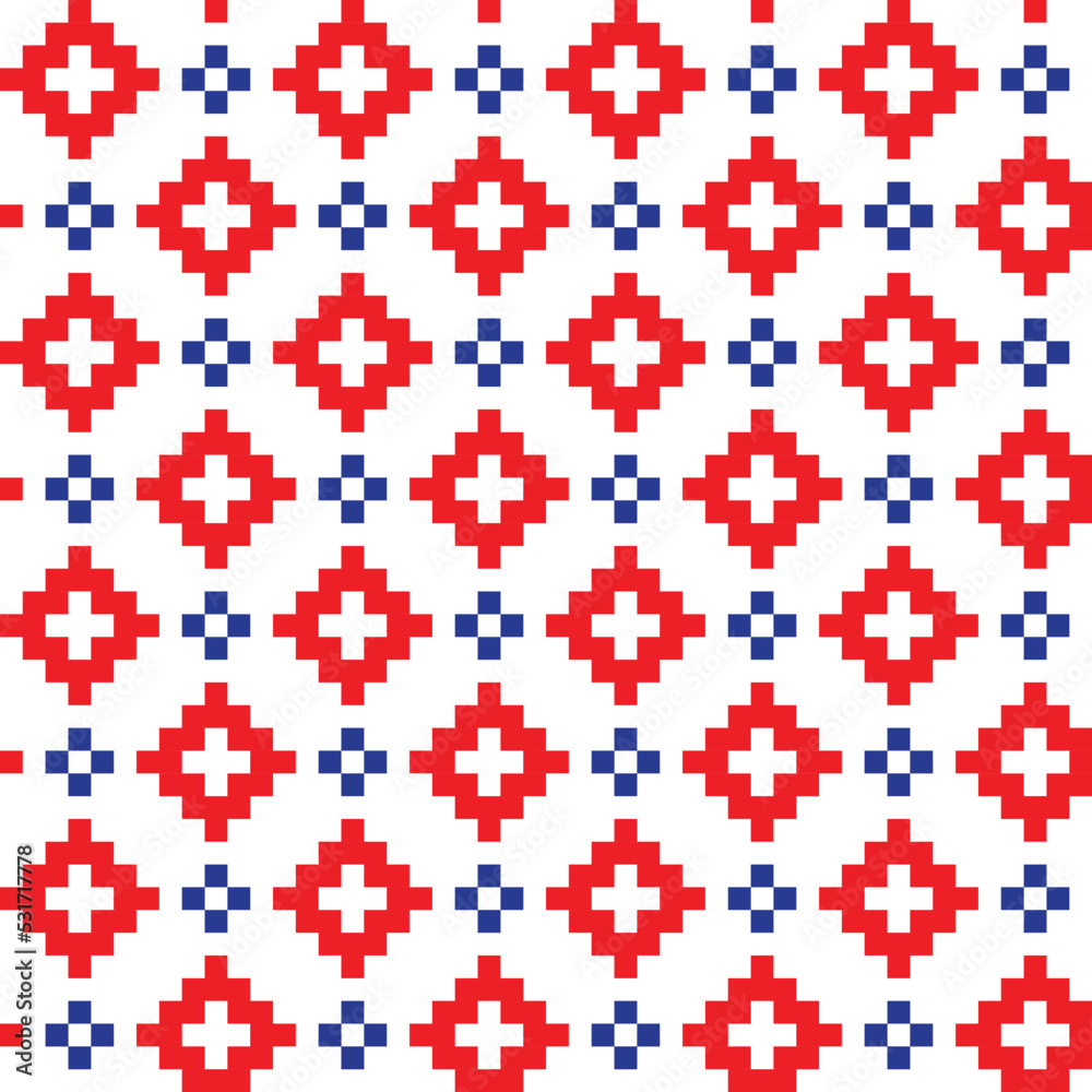 Red and blue cross-stitch knitting pattern on white background. Red and blue square dots on white backdrop. Fabric pattern design for sale. Knitting handicraft art. Red and blue cross-stitch knitting pattern on white background. Red and blue square dots on white backdrop. Fabric pattern design for sale. Knitting handicraft art.