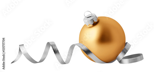 Christmas ball isolated on white background. Gold christmas ornament with silver ribbon