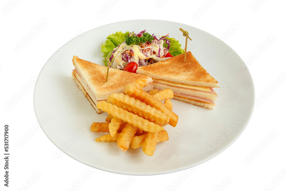 Club sandwich and French fries. Club sandwich and French fries.