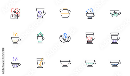 Coffee types and Tea icons. Mocha, Cappuccino and Latte. Americano cup linear icon set. Bicolor outline web elements. Vector