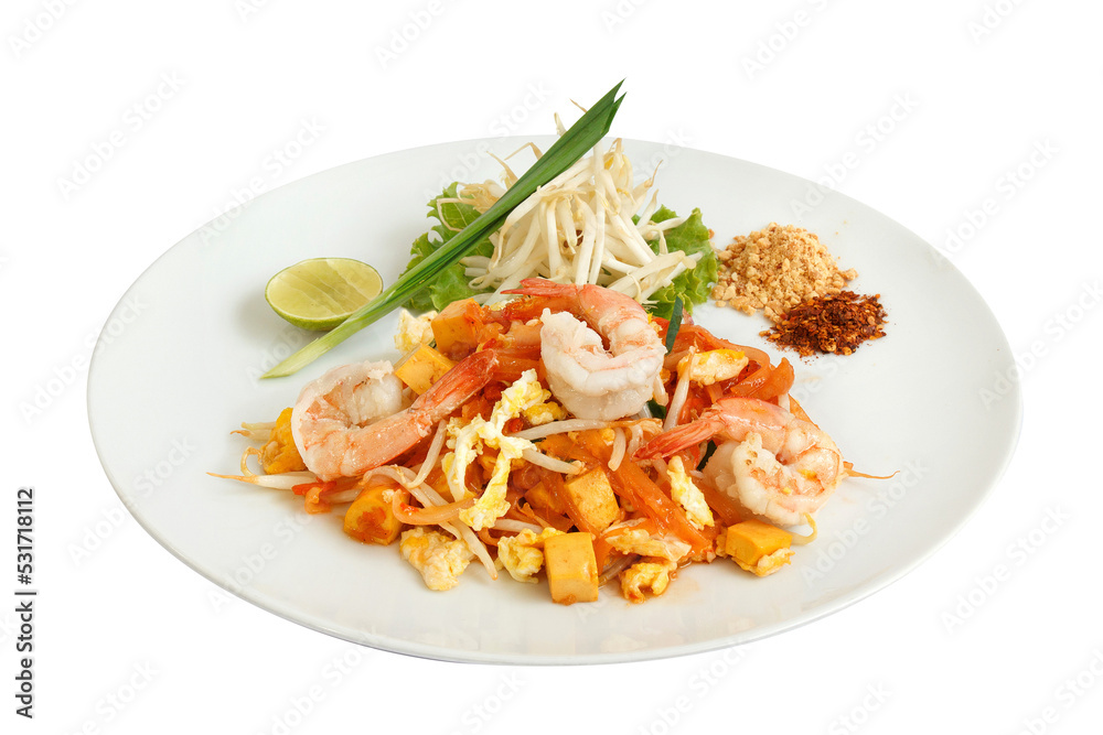 Stir fried Thai Noodles with shrimps, Pad Thai, Thai food, peanut, chilli flakes, lime. Stir fried Thai Noodles with shrimps, Pad Thai, Thai food, peanut, chilli flakes, lime.