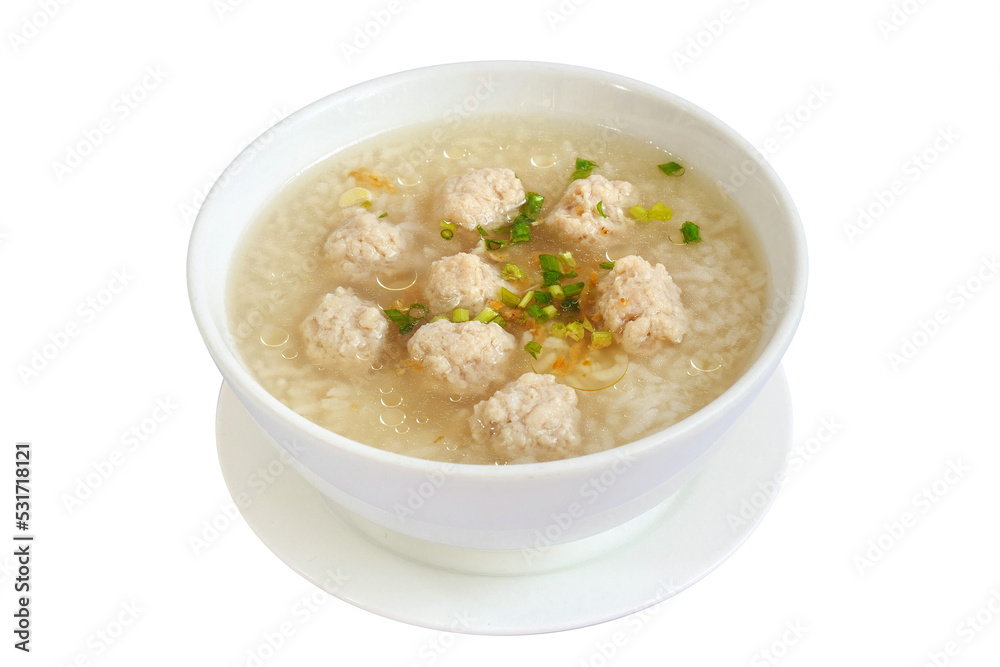 Boiled rice with minced pork in white bowl. Thailand is a popular breakfast. Boiled rice with minced pork in white bowl. Thailand is a popular breakfast.