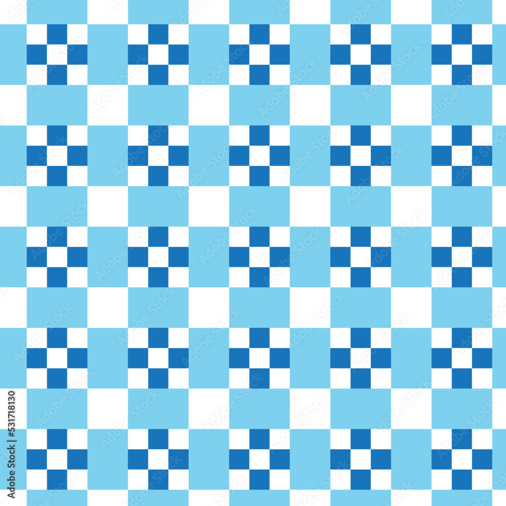 White and blue square dots on white and blue checker pattern background. White and blue square dots on white and blue checker pattern background.