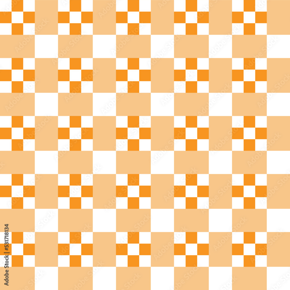 White and orange square dots on white and orange checker pattern background. White and orange square dots on white and orange checker pattern background.