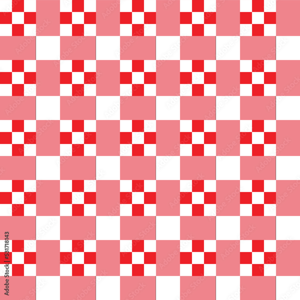White and pink square dots on white and pink checker pattern background.