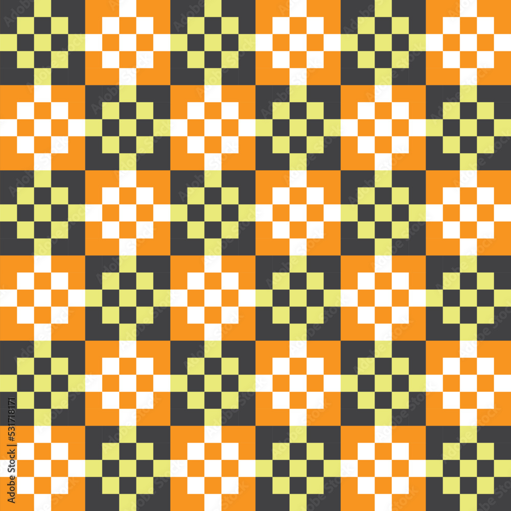 Fototapeta premium White and yellow square dots on black and orange checker pattern background. Halloween background.