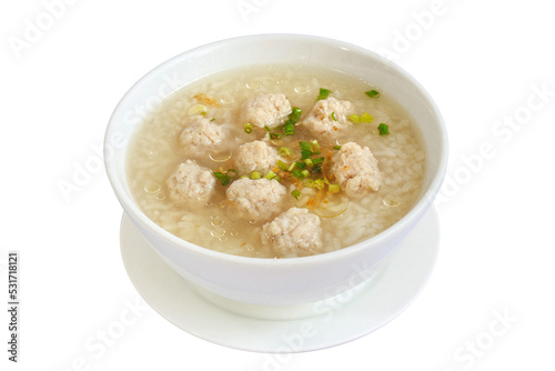 Boiled rice with minced pork in white bowl. Thailand is a popular breakfast.