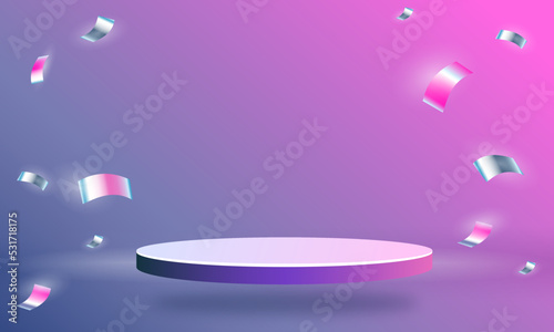 On a pink-purple background with a podium and tinsel 