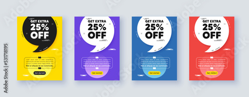 Poster frame with quote, comma. Get Extra 25 percent off Sale. Discount offer price sign. Special offer symbol. Save 25 percentages. Quotation offer bubble. Extra discount message. Vector