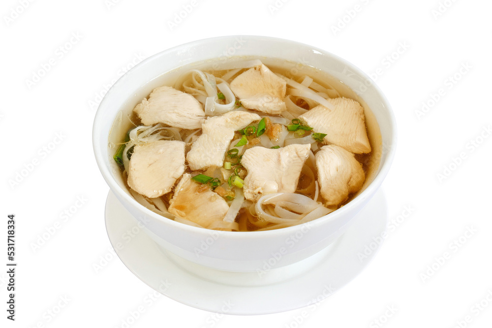 Chicken soup with noodles and vegetables in white bowl. Chicken soup with noodles and vegetables in white bowl.