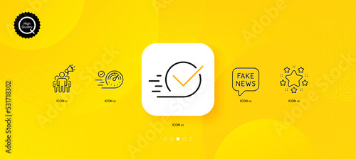 Fake news, Checkbox and Stars minimal line icons. Yellow abstract background. Brand ambassador, Speedometer icons. For web, application, printing. Wrong fact, Approved, Twinkle stars. Vector