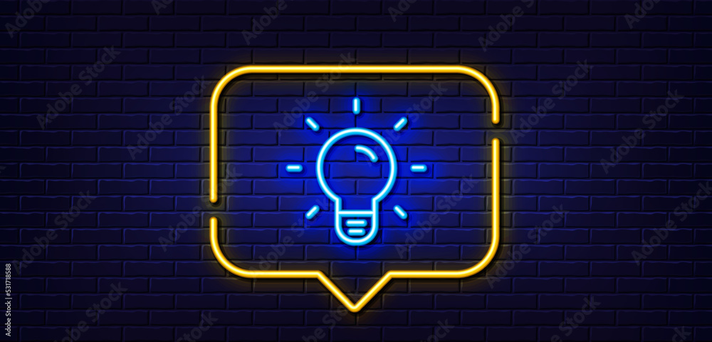 Neon light speech bubble. Light Bulb line icon. Lamp sign. Idea, Solution or Thinking symbol. Neon light background. Light bulb glow line. Brick wall banner. Vector Neon light speech bubble. Light Bulb line icon. Lamp sign. Idea, Solution or Thinking symbol. Neon light background. Light bulb glow line. Brick wall banner. Vector