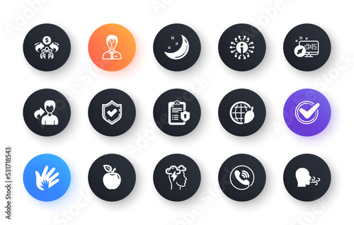 Check mark, Sharing economy and Mindfulness stress icons. Privacy Policy, Social Responsibility. Classic icon set. Circle web buttons. Vector