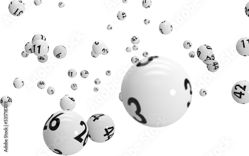 Image of falling white numbered lottery or bingo balls photo