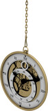 Vertical image of a vintage style gold pocket watch hanging on a gold chain