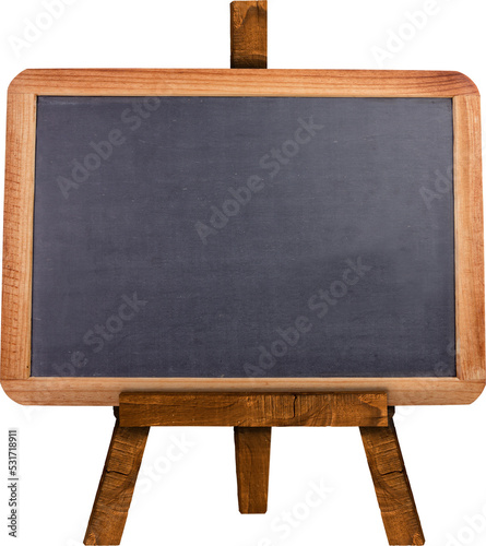 Image of chalkboard with wooden frame standing on wooden easel