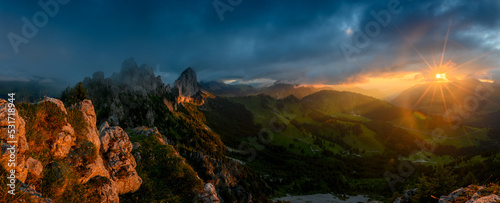 dramatic sunset panorama at the rugged peaks of Gastlosen in the alpine foothills of Fribourg