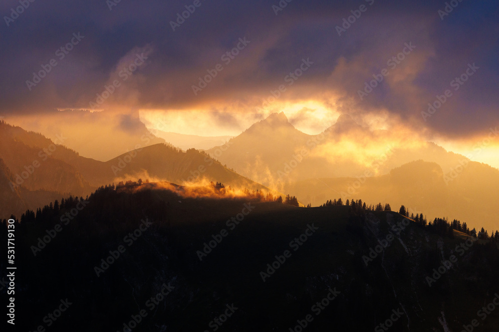 custom made wallpaper toronto digitaldramatic sunset with clouds in the Alpine foothills of Fribourg