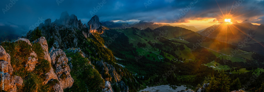 dramatic sunset panorama at the rugged peaks of Gastlosen in the alpine foothills of Fribourg