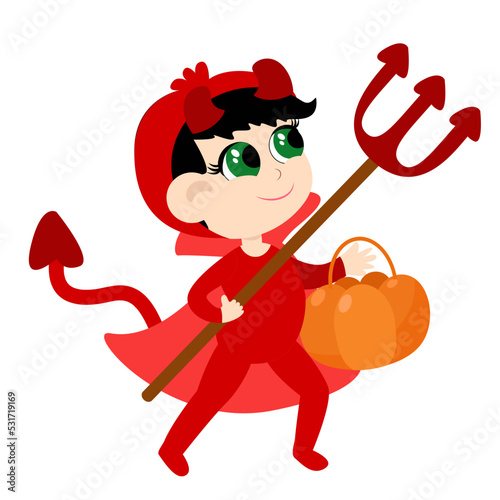 A small child is dressed in a devil costume. The child is very cute and is holding a gourd-shaped basket and a trident. Halloween character in cartoon style isolated on white background.