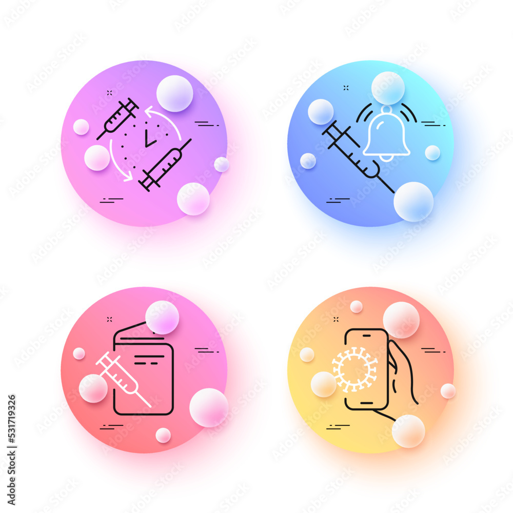 Vaccination schedule, Vaccine announcement and Vaccination passport minimal line icons. 3d spheres or balls buttons. Covid app icons. For web, application, printing. Vector Vaccination schedule, Vaccine announcement and Vaccination passport minimal line icons. 3d spheres or balls buttons. Covid app icons. For web, application, printing. Vector