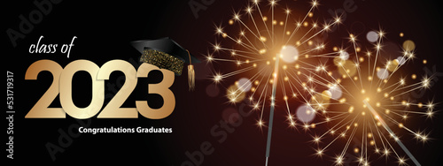 Congratulations on your graduation from school. Class of 2023. Graduation cap, confetti and balloons. Congratulatory banner. Academy of Education School of Learning