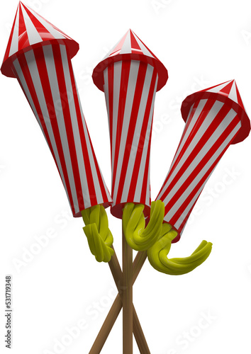 Vertical image of three red and white striped rocket fireworks ready to be lit