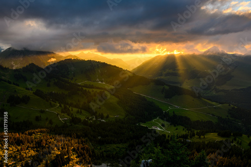 dramatic sunset panorama at the rugged peaks of Gastlosen in the alpine foothills of Fribourg