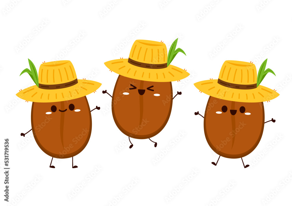 Smiling happy coffee bean. Vector flat cartoon character illustration icon design.Isolated on white background. Coffee bean character concept. Smiling happy coffee bean. Vector flat cartoon character illustration icon design.Isolated on white background. Coffee bean character concept.