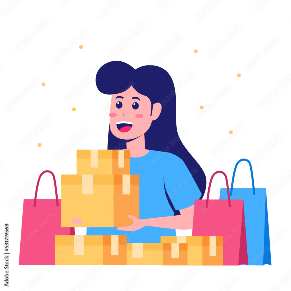 happy woman online shopping e commerce with shopping bag and package happy woman online shopping e commerce with shopping bag and package