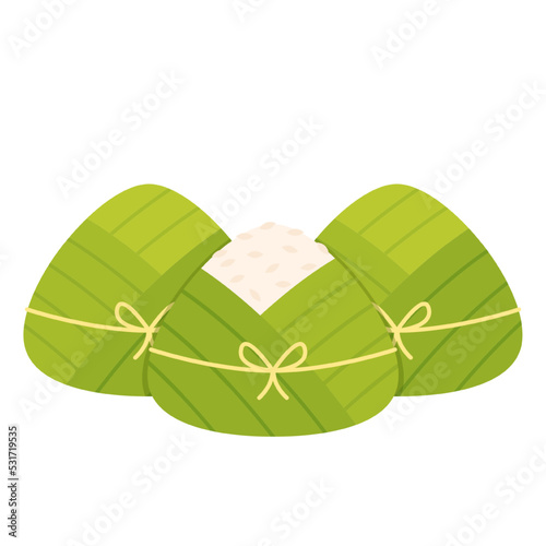 Delicious zongzi on white background. Duanwu Festival, date and wine's name written in Chinese calligraphy. Delicious zongzi icon.