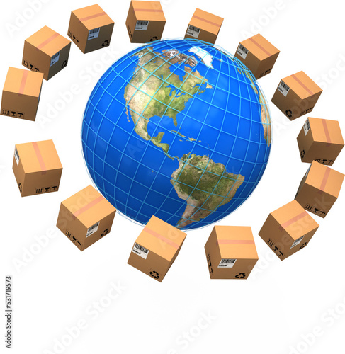 Vertical image of globe surrounded by ring of barcoded cardboard boxes ready for transportation