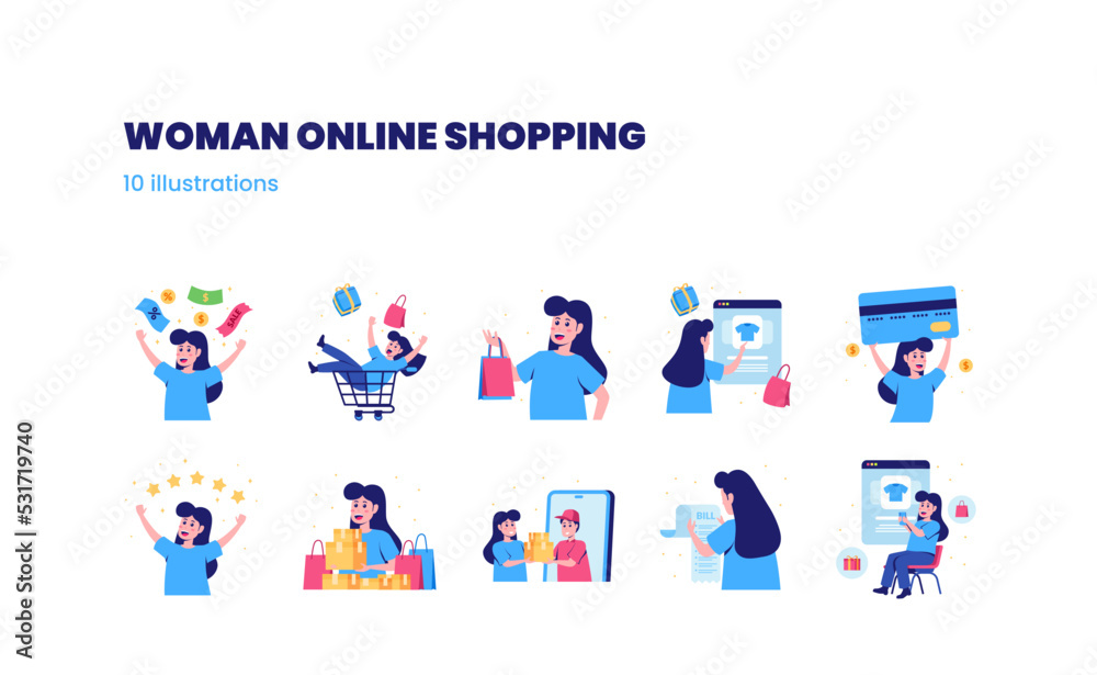 Set illustration of woman online shopping activity e commerce concept