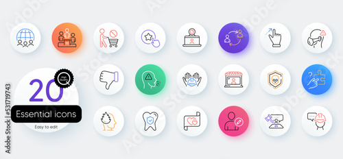 Simple set of Search puzzle, Cyber attack and Market seller line icons. Include Edit user, Loyalty star, Dislike hand icons. Video conference, Dental insurance, Stop shopping web elements. Vector