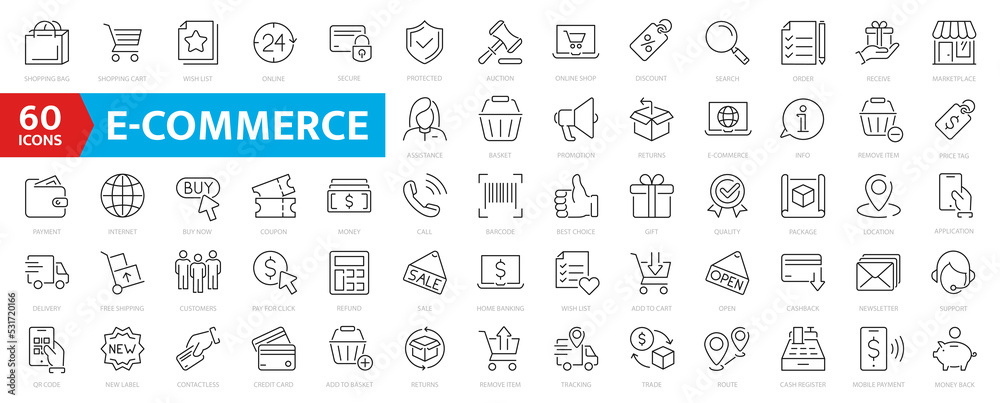 E-Commerce line icons. 60 E-commerce, online shopping and delivery icon. Outline icons collection