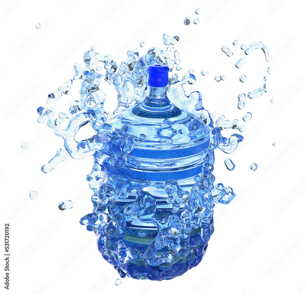 big water bottle in water splash isolated on white background. 3d