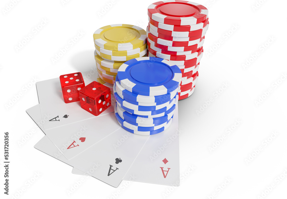 Fototapeta premium Image of gaming dice, stacked poker chips and playing cards