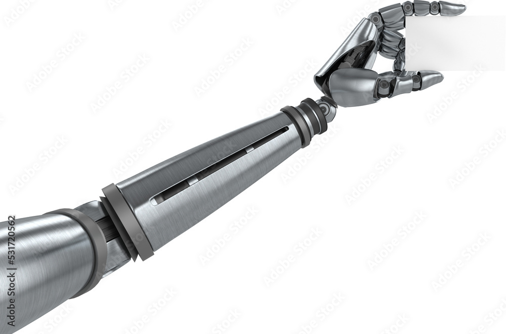 Image of robot arm holding blank business card Image of robot arm holding blank business card