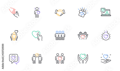 Friendship and love line icons. Interaction, Mutual understanding and assistance business. Trust handshake, social responsibility icons. Linear set. Bicolor outline web elements. Vector