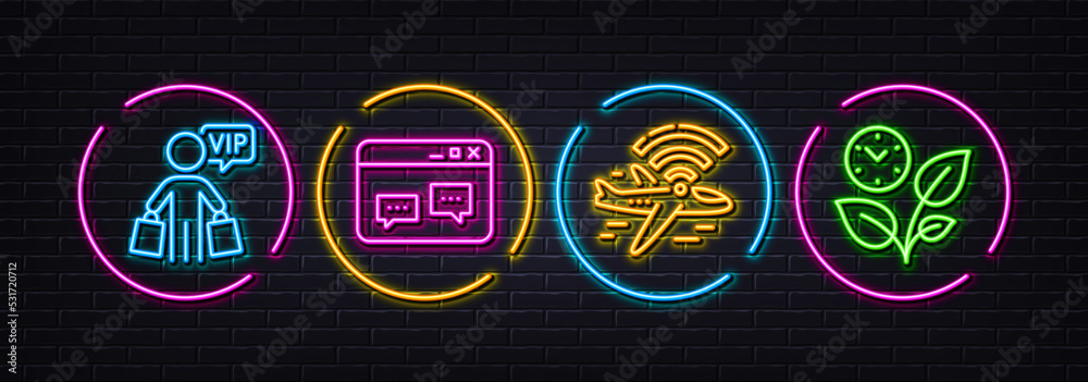 Browser window, Airplane wifi and Vip shopping minimal line icons. Neon laser 3d lights. Leaves icons. For web, application, printing. Website chat, Wi-fi internet, Exclusive privilege. Vector