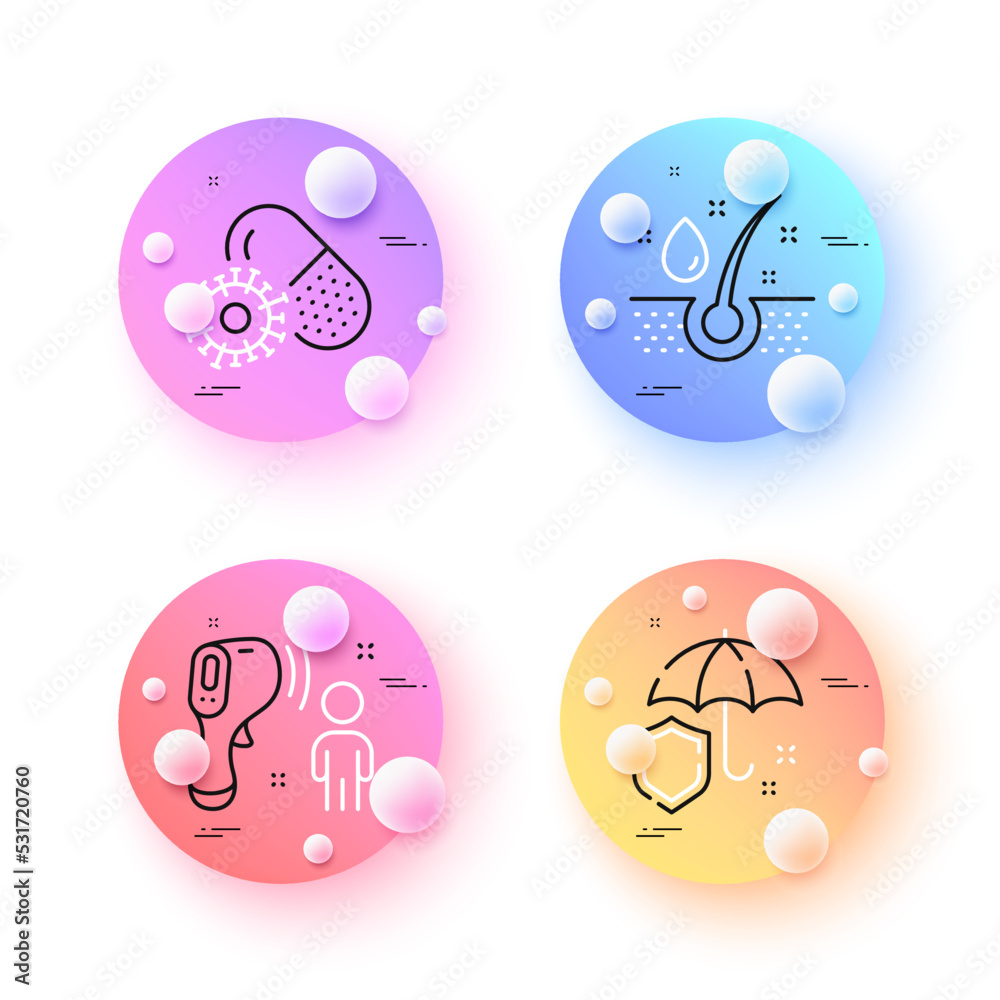 Coronavirus pills, Serum oil and Electronic thermometer minimal line icons. 3d spheres or balls buttons. Umbrella icons. For web, application, printing. Vector Coronavirus pills, Serum oil and Electronic thermometer minimal line icons. 3d spheres or balls buttons. Umbrella icons. For web, application, printing. Vector
