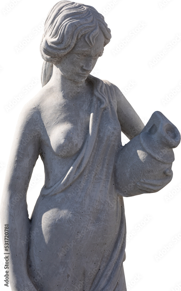 Naklejka premium Image of grey stone weathered ancient sculpture of half naked woman holding jug