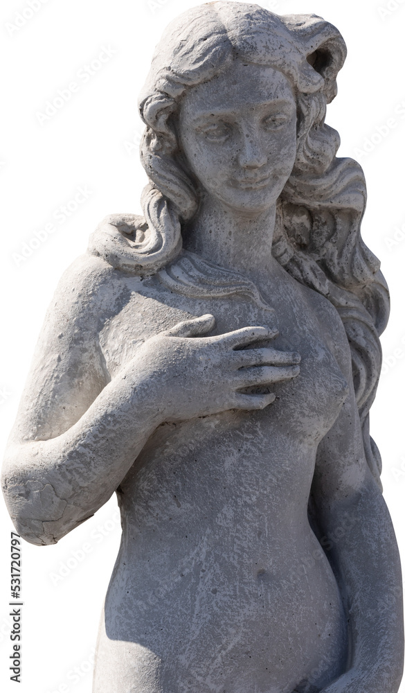 Image of grey stone weathered ancient sculpture of naked woman