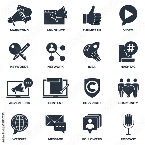Set of Blogger, blogging icon logo vector illustration. followers, keywords, idea, copyright, announce, website and more pack symbol template for graphic and web design collection