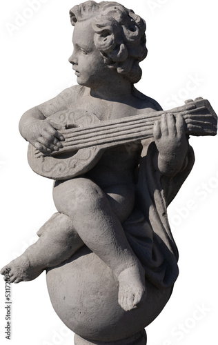 Fototapeta Image of grey stone weathered ancient sculpture of a naked cherub with sitar