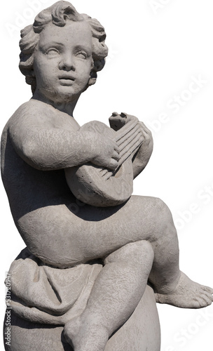 Fotografiet Image of grey stone weathered ancient sculpture of a naked cherub with sitar