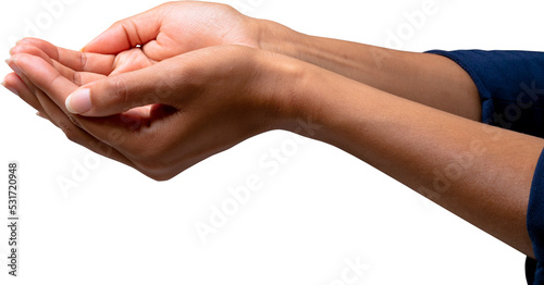 Slika na platnu Image of cupped hands and extended arms of biracial woman
