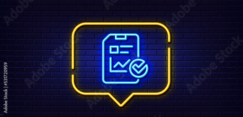 Neon light speech bubble. Report document line icon. Analysis Chart or Sales growth report sign. Statistics data or Checklist symbol. Neon light background. Report checklist glow line. Vector