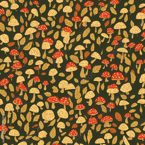 seamless pattern with flowers, autumn, mushrooms,